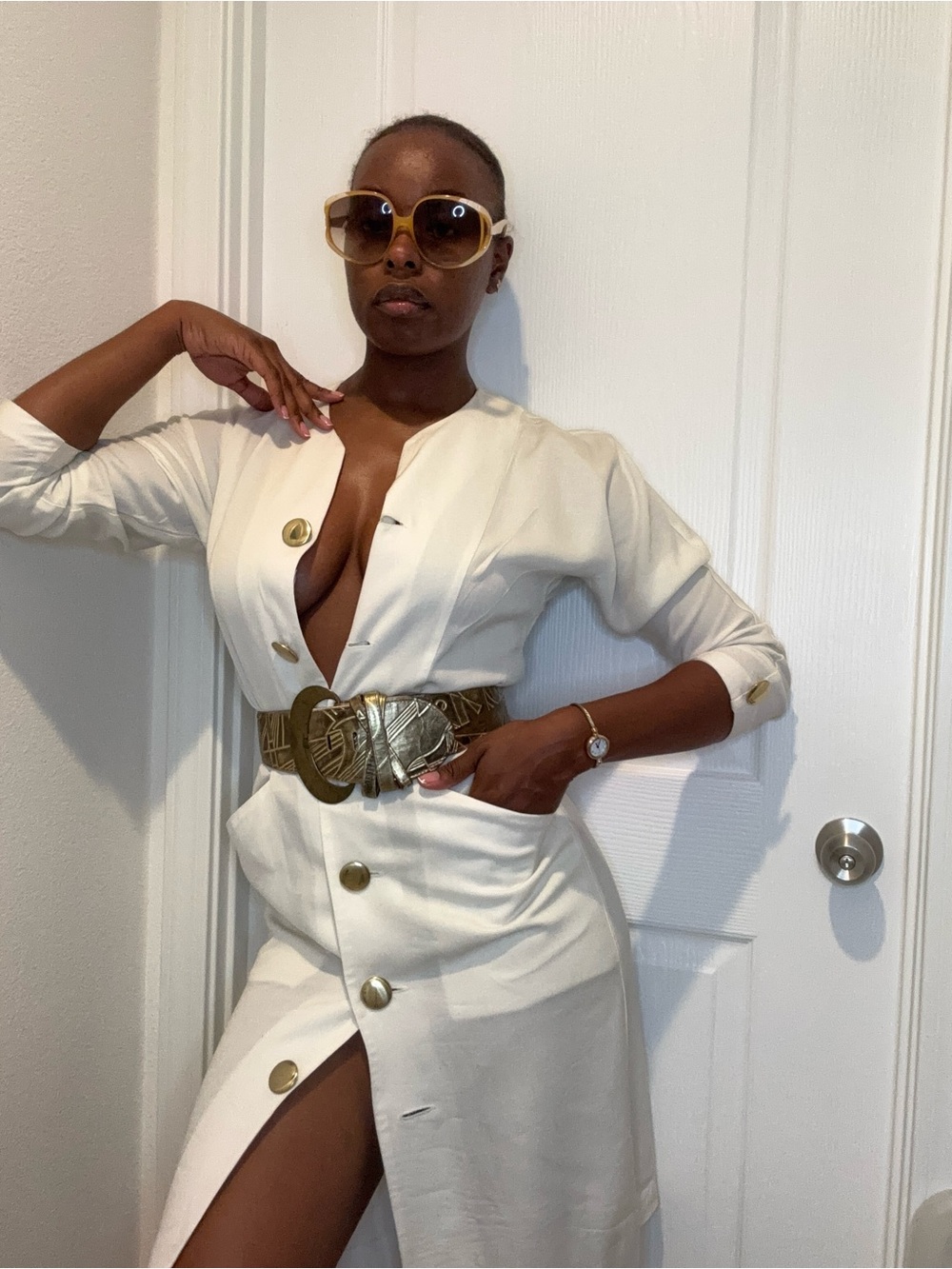 Cream Button-Front Dress with Statement Gold Belt
